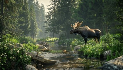 Moose standing by forest stream in peaceful woodland
