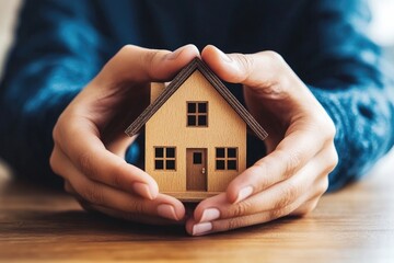 Hands covering a small house model representing insurance and home protection. 4k illustration