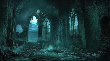 Haunted castle interior on a dark, stormy night. 4k illustration