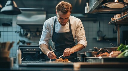 Professional chef plating food in restaurant kitchen