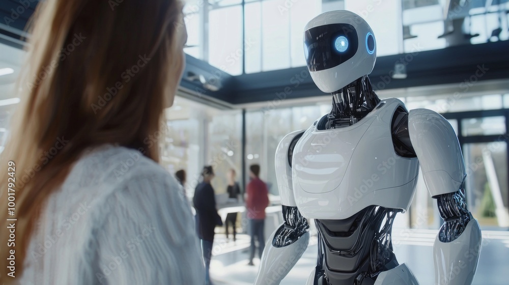 Poster humanoid robot interacts with a person in a contemporary office highlighting the seamless integration of AI into everyday tasks in a high tech setting.