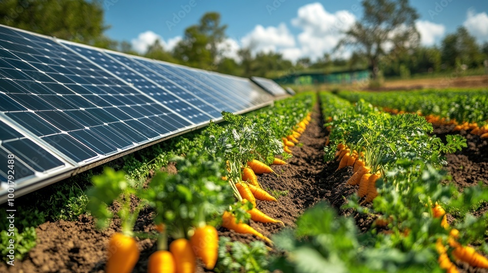 Poster Solar panels stand above rows of carrots growing in a field.