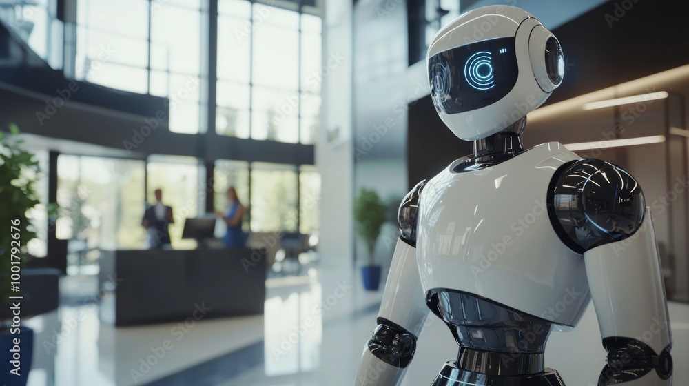 Poster in a contemporary office a humanoid robot engages with employees highlighting the seamless integrati
