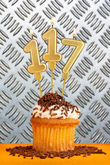 Birthday candle number 117 - Industrial metallic background.