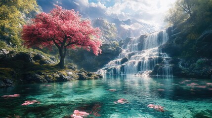 Enchanting fairy tale scene with flowing clouds, a vibrant tree, and multi-level waterfalls dropping into a serene pond filled with clear water