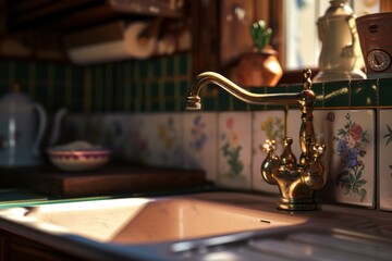Vintage Kitchen Sink with Floral Tiles and Brass Faucet