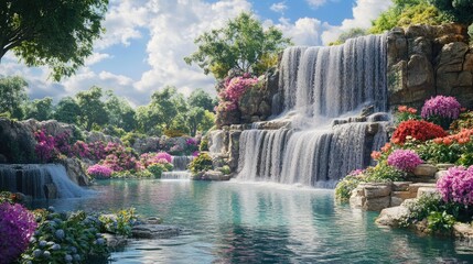 Naklejka premium Fairy tale landscape with vibrant flowers, flowing clouds, a grand tree, and a tiered waterfall cascading into a tranquil pond with crystal-clear water