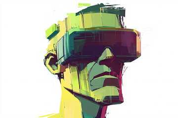Colorful futuristic illustration of a person wearing VR goggles with abstract digital elements
