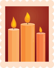 This illustration features three lit candles burning brightly inside a scalloped postage stamp, possibly symbolizing remembrance or celebration