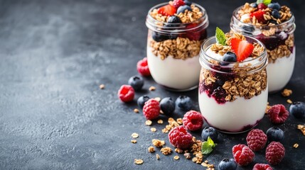 Parfait jars with granola and berries, angled view  