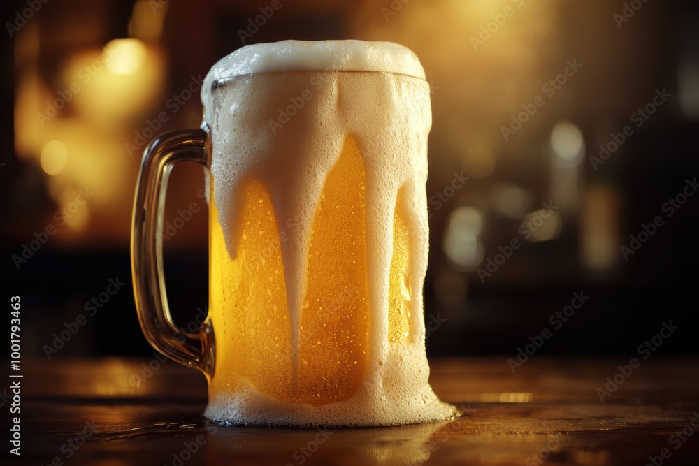 Poster A close-up of a frothy beer mug overflowing with foam on a rustic wooden table in a cozy pub setting during the evening. Generative AI