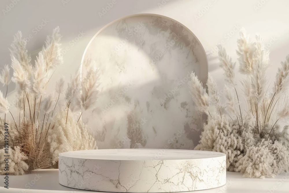 Poster elegant minimalist display with soft natural textures surrounded by neutral decor in a calm and sere