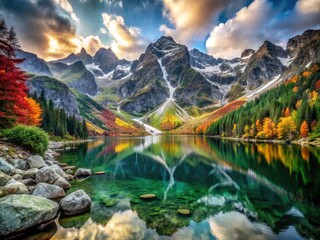 Fototapeta premium Dramatic Black and White Autumn Landscape of Morskie Oko Lake in Zakopane, Poland with High Noise