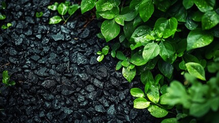 Raindrops on lush green leaves and wet black stones