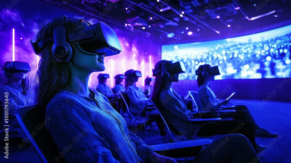 Poster group of students each wearing vr headsets engage in an advanced immersive learning experience withi