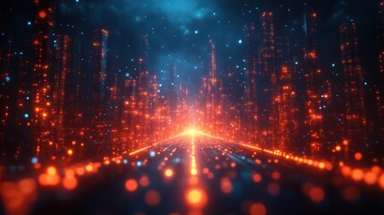 Obraz premium Futuristic Glowing Orange Grid Extending Into A Digital Cityscape
