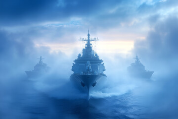 Naval vessels navigating through misty waters at dawn, showcasing maritime strength and mystique