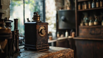 Fototapeta premium Vintage mechanical device in rustic workshop setting