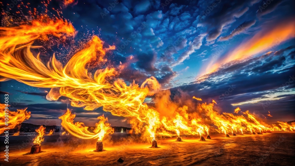 Poster dynamic flames dancing in the night sky, creating a mesmerizing display of fire movement and light