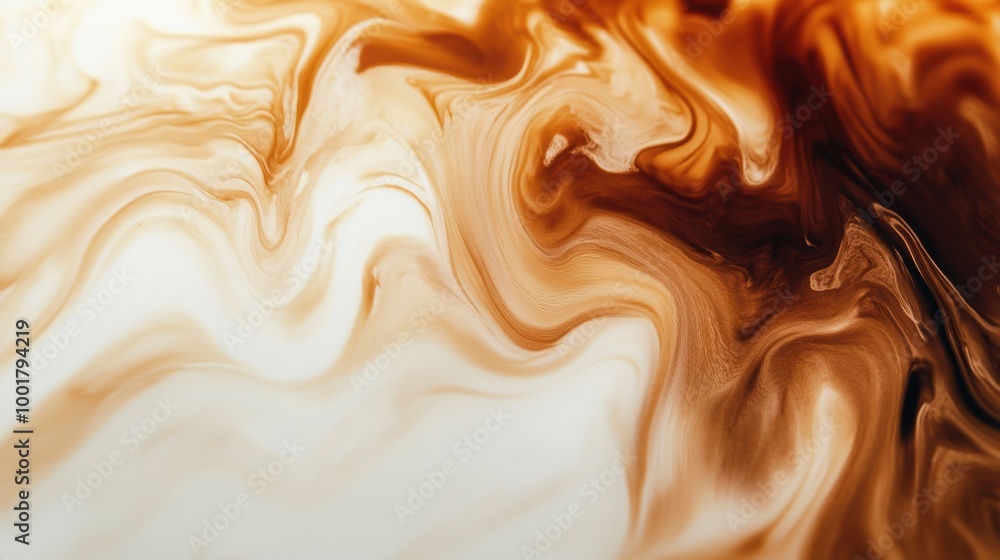 Poster Swirling patterns of coffee and milk blend together, creating an abstract masterpiece in a warm and inviting kitchen setting. Generative AI
