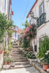 Naklejka premium A public street in Coimbra, Portugal, decorated with colorful flowers