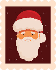 Cartoon illustration of santa claus on a postage stamp, smiling for a festive holiday greeting