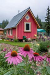 Growing echinacea flowers in a mixed bed.