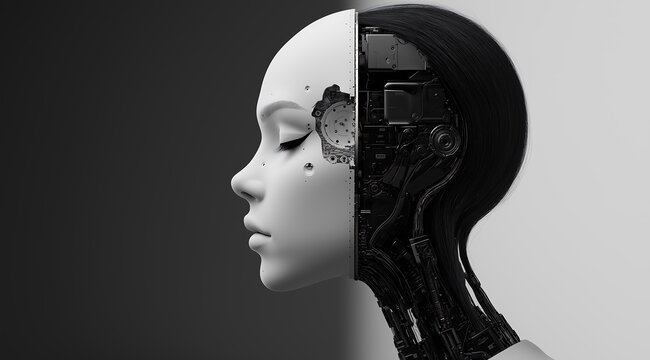 female humanoid robot with half its face being human and the other side showing mechanical parts, split in two to symbolize artificial intelligence's duality. Web banner in black and white