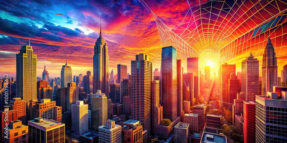 Poster dynamic urban skyline with web patterns and vibrant colors, creating an energetic superhero backdrop