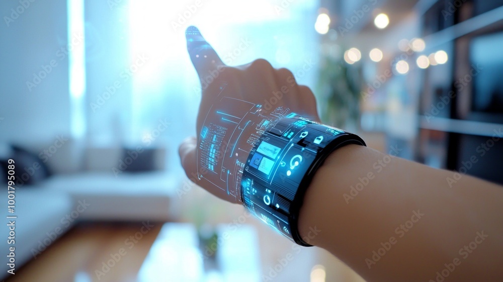 Poster user points at a holographic interface projected from a wearable device on their wrist showcasing da