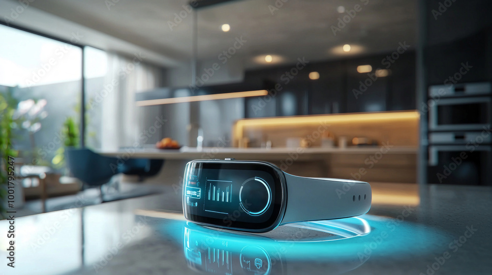 Poster wearable device sits prominently on a kitchen countertop integrating seamlessly with home systems wh