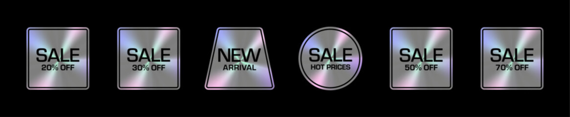 A set of metallic holographic stickers features promotional messages: NEW ARRIVAL, SALE 20%, 30%, 50%, 70% OFF, and HOT PRICES, with vibrant reflections and varied shapes.	