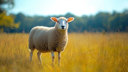 Naklejka premium Sheep Grazing in a Sunny Meadow Landscape