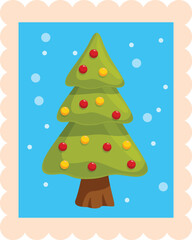 Cartoon christmas tree with ornaments is featured on a blue and white postage stamp for sending holiday greetings