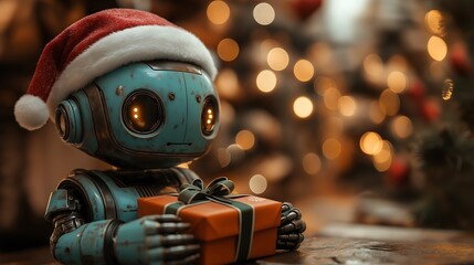 Robot dressed up in a Santa hat sitting at a table wrapping a present , with teal and yellow highlights