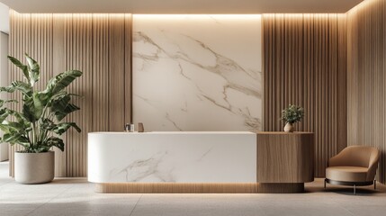 Elegant and Modern Lobby Interior with Marble Wall and Wood Accents
