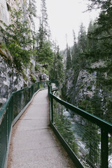 A scenic walkway bordered by metal railings in a picturesque canyon, surrounded by towering cliffs...