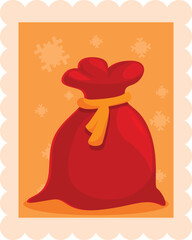 Cartoon vector illustration of a red christmas bag with a yellow ribbon on a postage stamp, isolated over white background