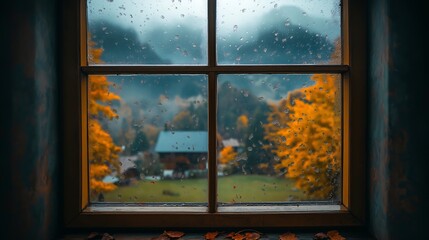 rainy cozy autumn Mountain View from the window
