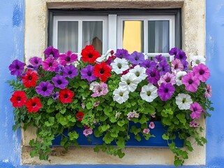 Naklejka premium Portugal, Costa Nova. Petunia flowers in a flower box on top of a striped beach house.