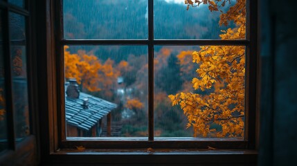 rainy cozy autumn Mountain View from the window