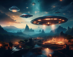 Obraz premium UFO flying over alien planet. Fantasy landscape. 3D rendering