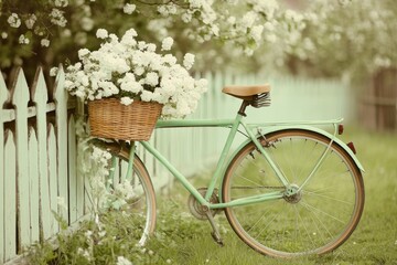 Fototapeta premium Flowers in a basket on a bicycle against a wooden fence