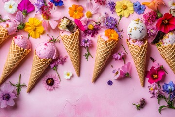 Cones of ice cream and edible flowers on a red background