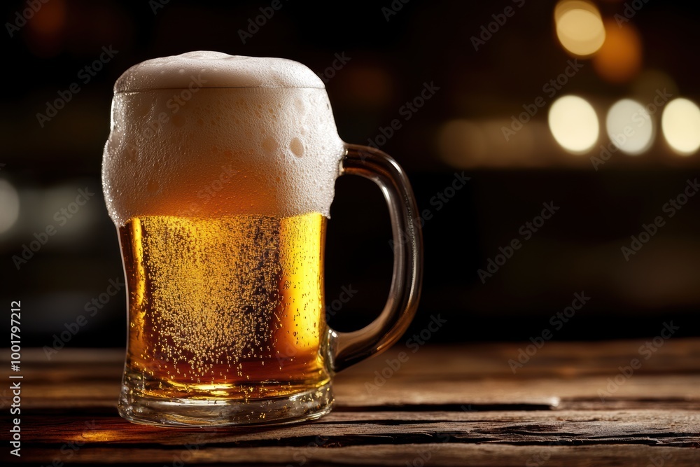 Aufkleber A frothy beer mug overflowing with foam on a rustic wooden table in a warm, inviting atmosphere. Generative AI