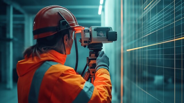Precision engineering with laser scanning technology, accurate measurements in construction, high-tech surveying tools, digital display