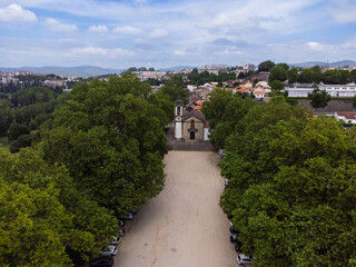 Aerial view of Guimaraes city, Castelo Guimaraes Castle and Paço dos Duques. Cityscape seen from...