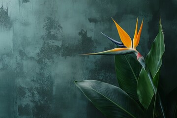 An orange strelitzia flower grows in front of a marble wall