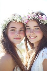 Obraz premium On a green field, two natural hippie girls wear flower crowns and sit with flowers in their hair.