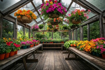Seedlings and flowers inside a greenhouse